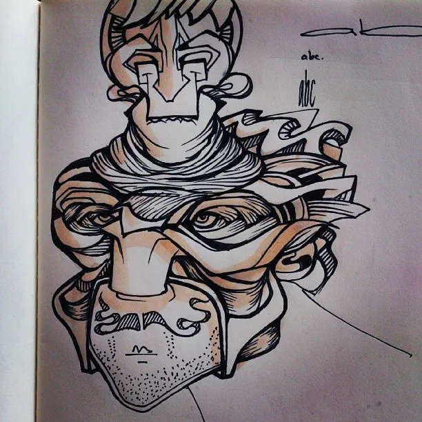 Ink drawing of a stacked totemic face with bold outlines, featuring an angular mask above a larger face with realistic eyes