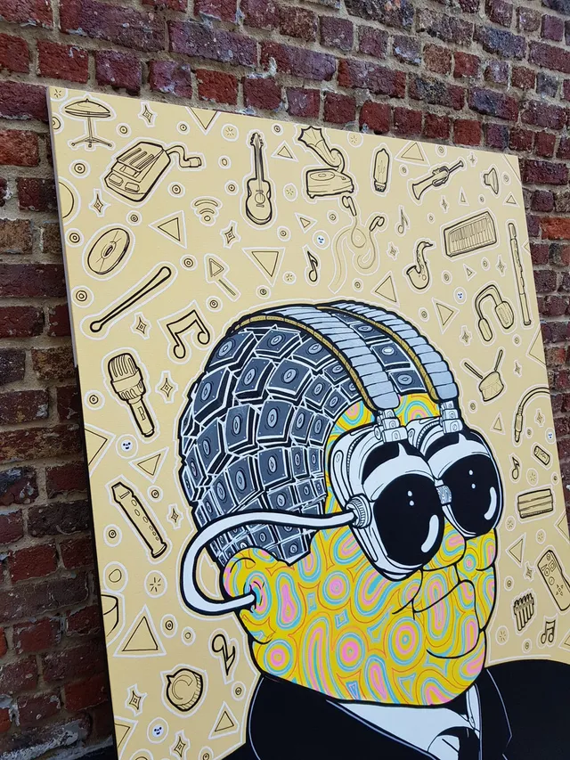 Painting of a psychedelic face with a speaker-stack head and headphones, surrounded by line-art musical instruments