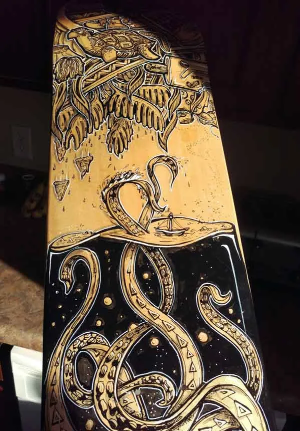 Details of handpainted surreal skateboard deck