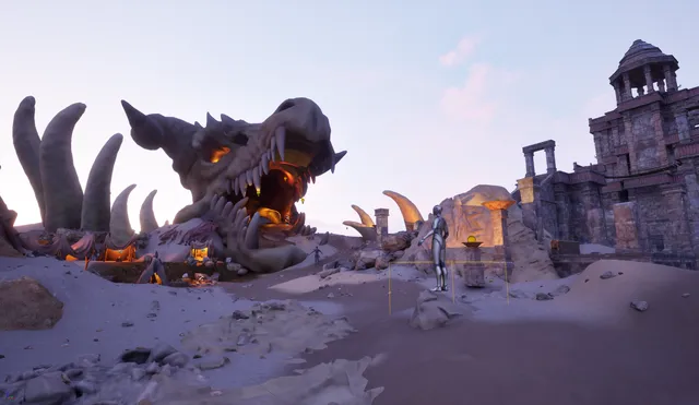 3D render of a desert landscape with a giant horned monster skull, a stone temple, and a silver humanoid figure