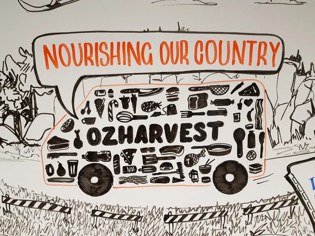 Whiteboard drawing of an OzHarvest van filled with food icons below a Nourishing Our Country speech bubble