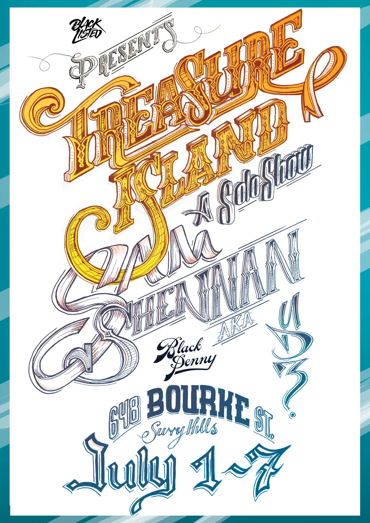 Hand-drawn exhibition poster for 'Treasure Island A Solo Show by Sam Shennan' with ornate, varied typography