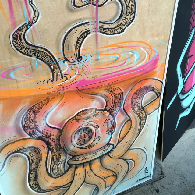 Painting on a wood panel of an octopus in a vintage diving helmet reaching tentacles through neon ripples