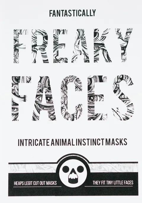 Black and white Freaky Faces zine cover featuring bold letters filled with intricate ink drawings of eyes