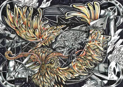 Psychedelic ink drawing of a stylized owl and eagle with golden wings against a starry geometric background