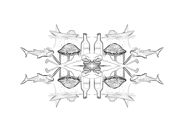 Symmetrical line drawing of a tropical mandala with mirrored boats, bottles, tiki huts, cocktails, and sharks