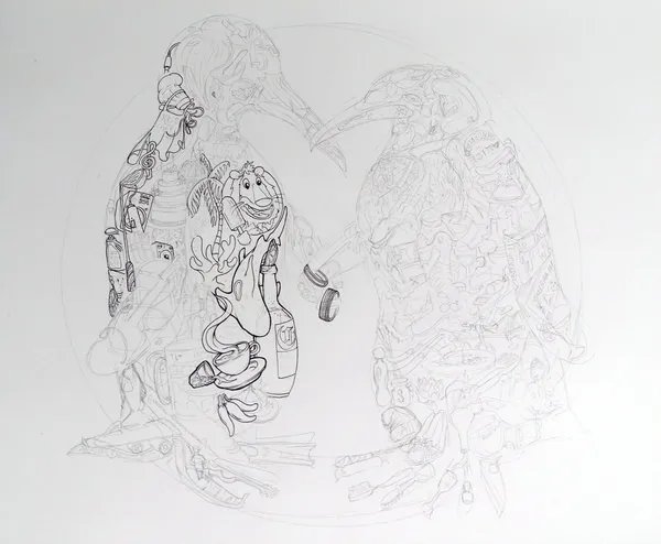 Line drawing of two birds facing each other, their bodies filled with densely packed hidden objects and intricate doodles