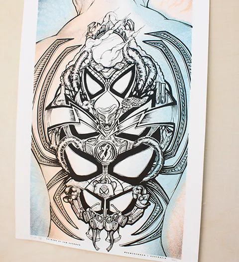 Art print of a totemic ink drawing featuring three stacked Spider-Man masks integrated with mechanical spider legs