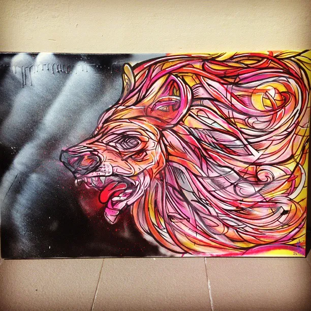 Canvas painting of a psychedelic, snarling lion head with flowing pink and orange lines on a dark background