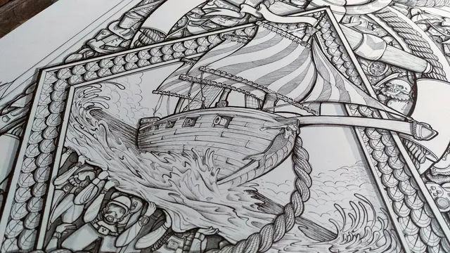 Closeup of surreal sailing ship ocean themed black and white drawing
