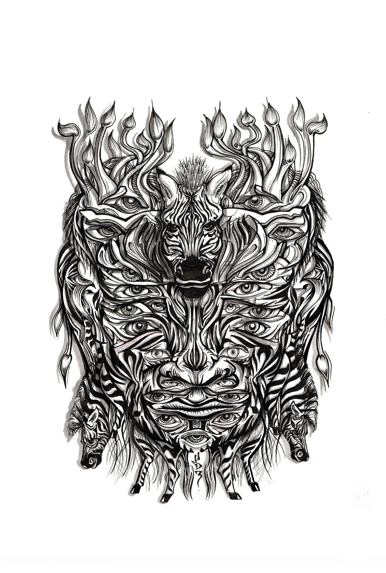 Symmetrical black ink drawing of a psychedelic face composed of multiple eyes and zebra heads