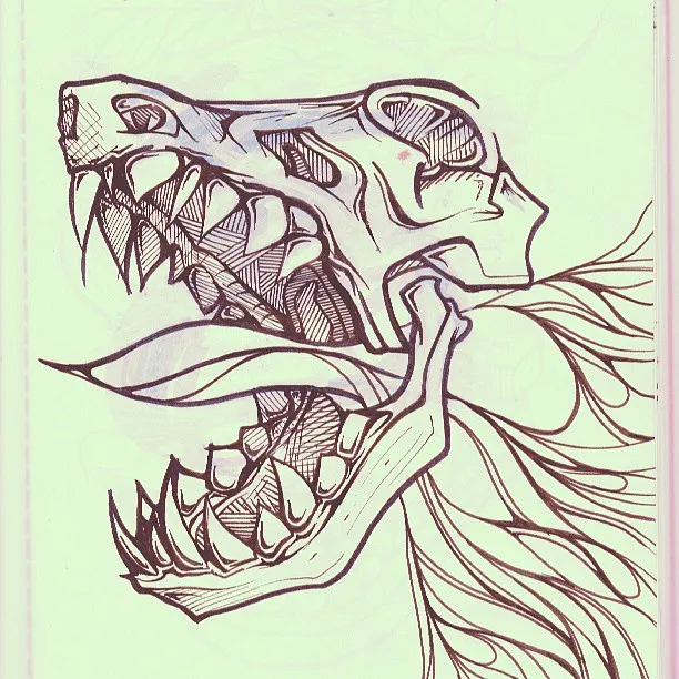 Ink drawing of a stylized animal skull with gaping jaws, jagged teeth, long tongue, and flowing tendrils