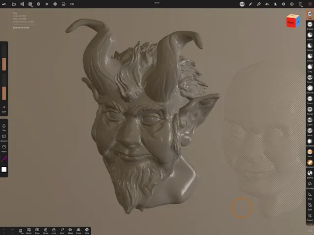3D sculpt of a bearded, horned gnome bust shown within a digital modeling interface