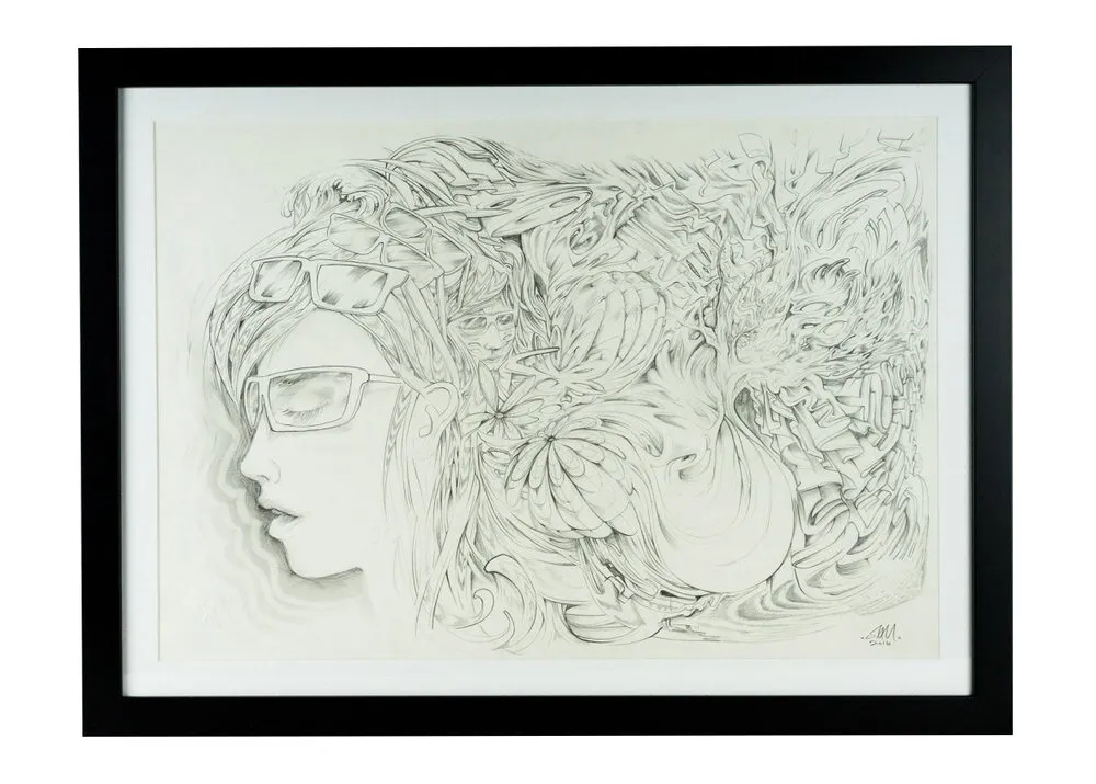 Framed black and white drawing of a woman's profile in glasses, her hair morphing into surreal psychedelic shapes