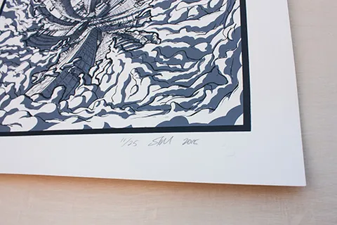 Bottom corner of a blue screenprint featuring swirling clouds, with a pencil edition number and signature in the margin