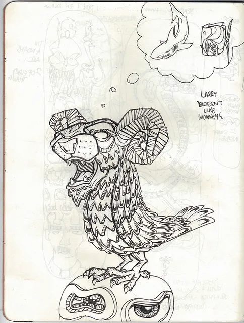 Ink sketchbook drawing of a roaring hybrid creature with ram horns and a feathered body standing on a stylized mask