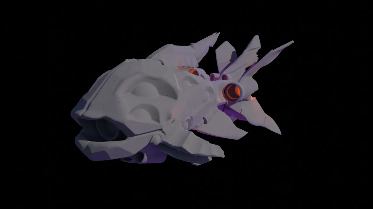 3D render of a robotic fish with glowing orange thrusters and purple lighting on a black background