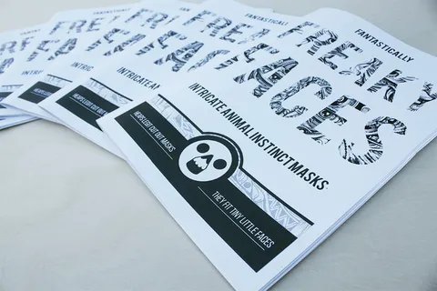 Fanned stack of printed Fantastically Freaky Faces zines with black and white illustrated typography
