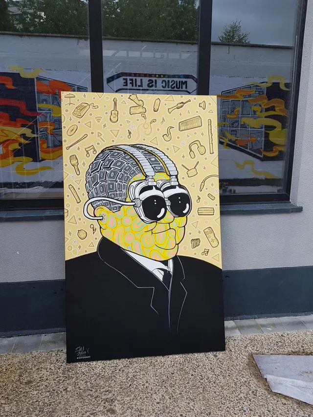 Painting of a suited man with psychedelic skin wearing headphones and goggles, surrounded by floating music icons