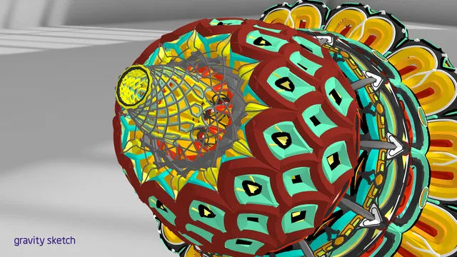 3D VR sculpt of a psychedelic crown with concentric red, teal, and yellow geometric patterns around a wireframe core