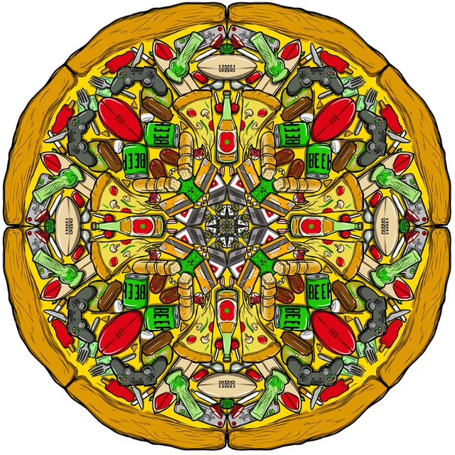 Kaleidoscopic illustration of a pizza filled with a symmetrical pattern of beer cans, game controllers and bongs