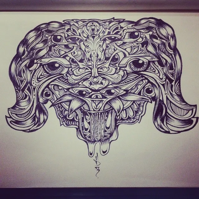 Ink drawing of a symmetrical, totemic animal mask with multiple eyes, fangs, and intricate psychedelic line work