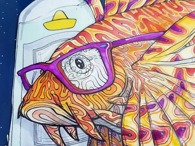 A watercolour painting of an illustrated  lionfish in sunnies and a hat