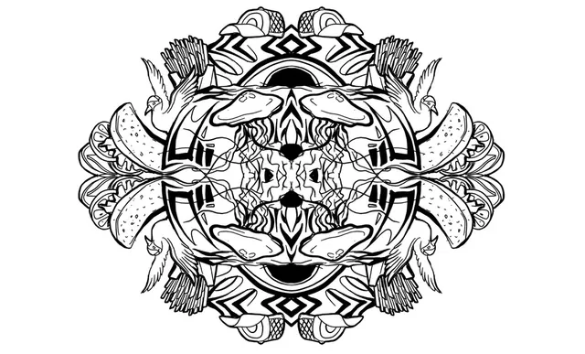 Black and white line drawing of a symmetrical mandala featuring jellyfish, tacos, birds, fries, and baseball caps