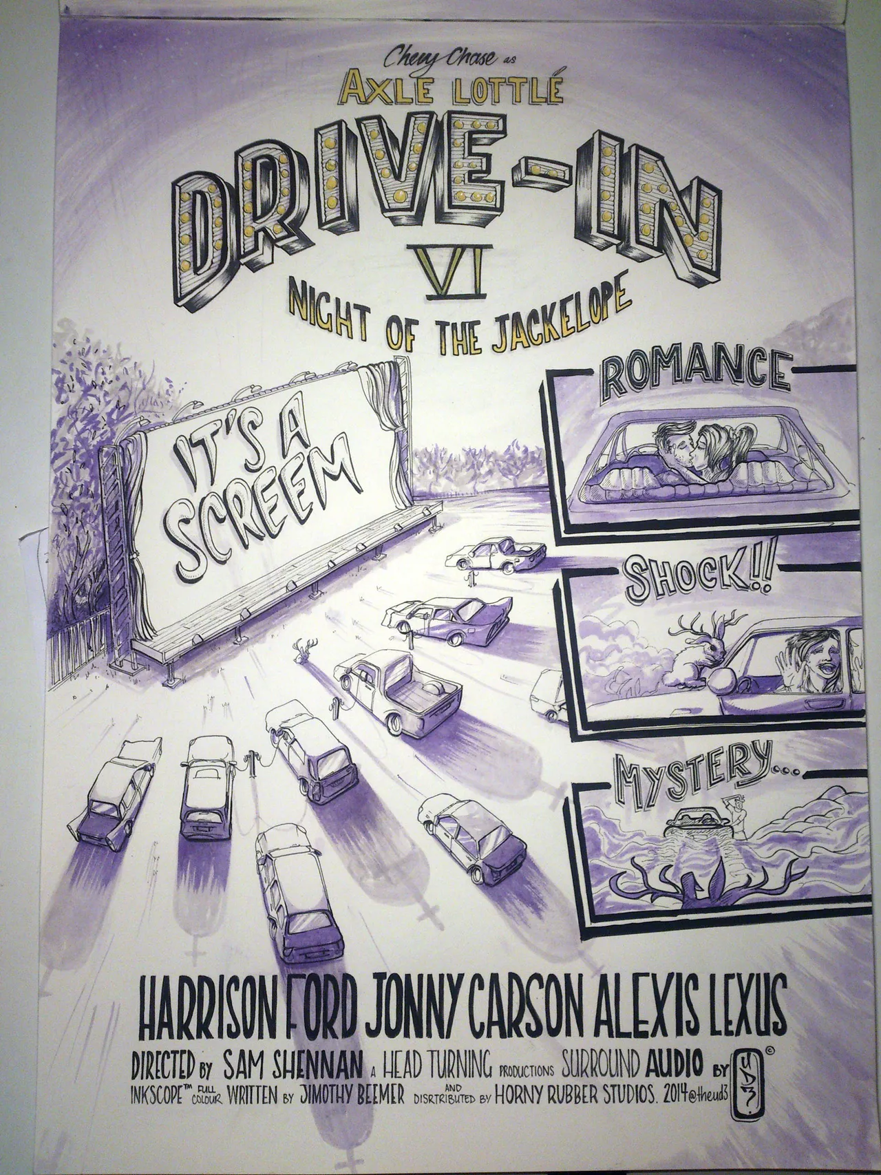 Retro movie poster illustration for 'Drive-In VI' with cars, screen, and panels depicting romance, shock, and mystery