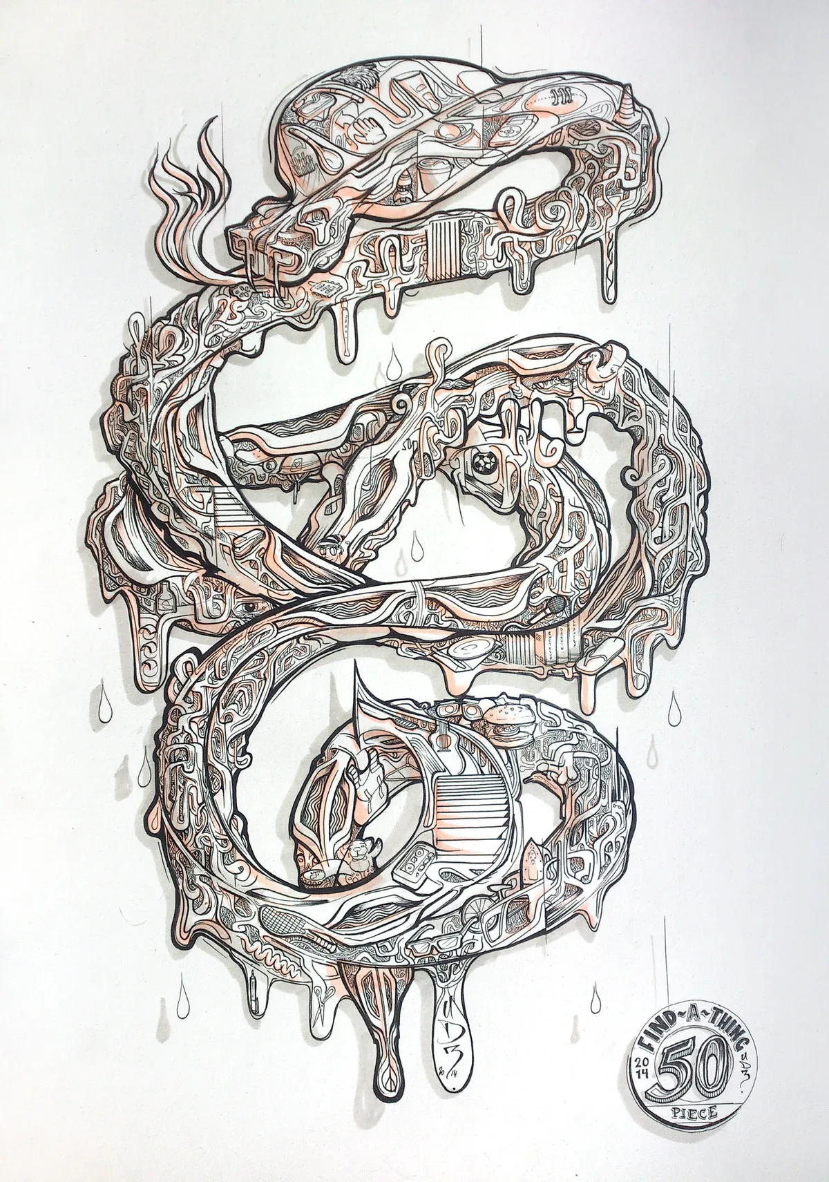 Intricate ink drawing of a coiled snake with psychedelic patterns, bold lines, and dripping details