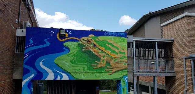 Mural on a brick wall of a large green frog on a lily pad extending its tongue over stylized blue water