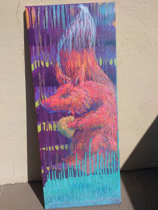 Tall canvas painting of a neon pink fox holding a golden apple against a dripping purple and teal background