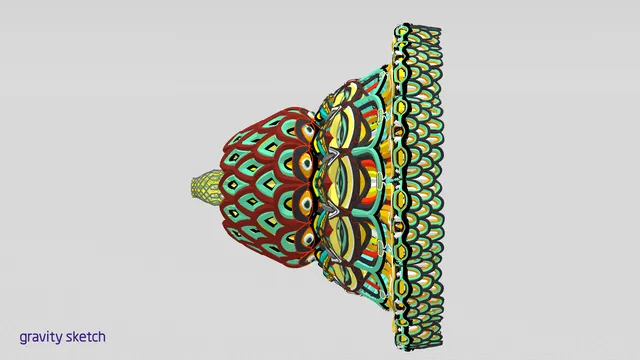 VR 3D sculpt of an ornate, symmetrical psychedelic crown with colorful layered patterns