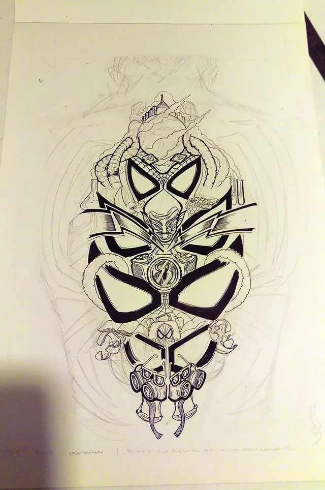 Symmetrical ink drawing of a Spider-Man totem with stacked mask eyes, a camera, tentacles, and gas masks
