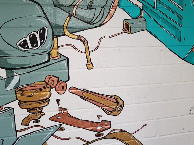Painted mural on white brick showing an exploded view of stylized espresso machine parts