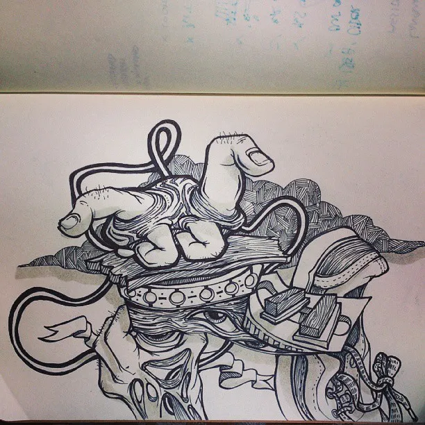 Surreal ink sketchbook drawing of disembodied fingers, a melting eye, and winding cords in bold linework