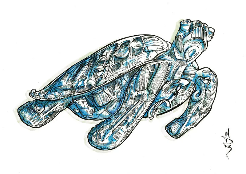 Custom Ocean debris hand drawn turtle gift artwork