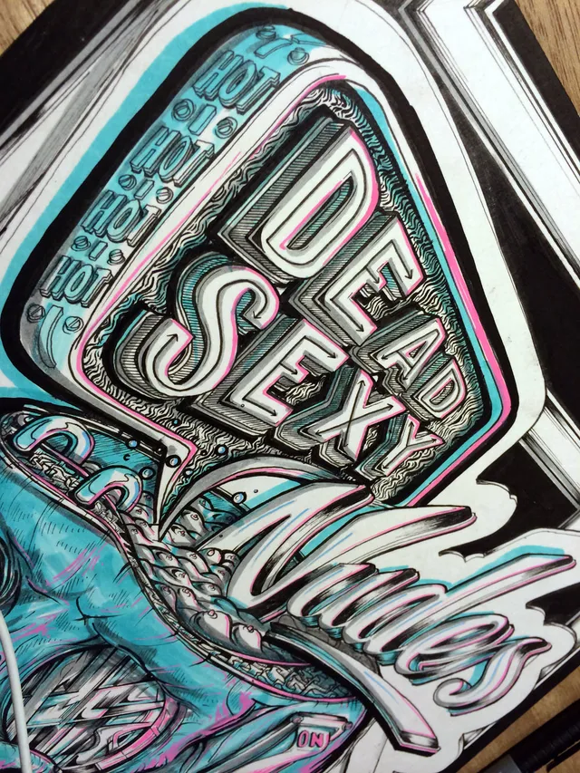 Ink drawing of 3D block letters reading DEAD SEXY and script reading Nudes with cyan and pink highlights
