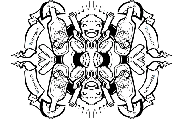 Black and white mandala line drawing with mirrored cheering faces, bottles, rugby balls and Verimark banners