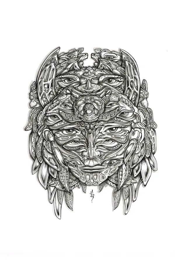 Black and white ink drawing of a symmetrical totemic mask with multiple eyes and intricate psychedelic patterns