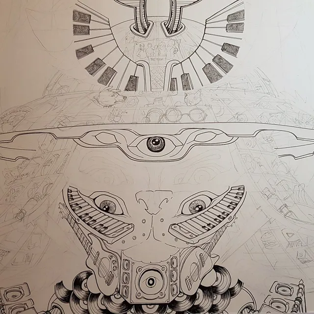 Unfinished ink illustration of a symmetrical face constructed from guitars, keyboards, and speakers