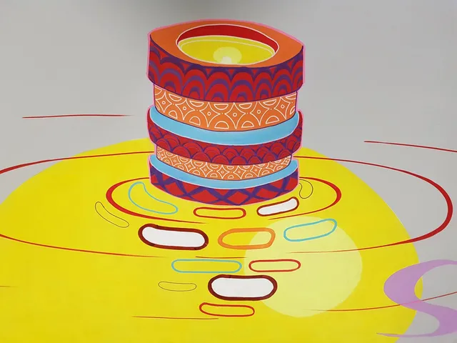 Mural detail of colorful stacked patterned rings over a bright yellow circle with stylized ripple reflections