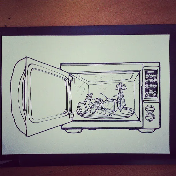 Ink drawing of an open microwave containing a smartphone, television, radio, and cell tower