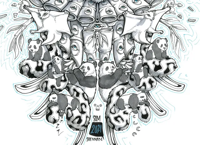 Symmetrical ink drawing of flute-playing pandas and flying squirrels around a totemic bamboo structure with eyes