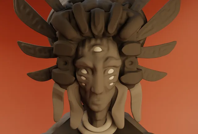 3D render of a symmetrical totemic face with five eyes and a radiating headdress on an orange background