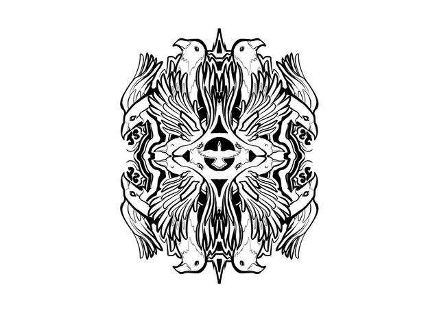 Black and white line drawing of a symmetrical mandala formed by interlocking bird heads and wings