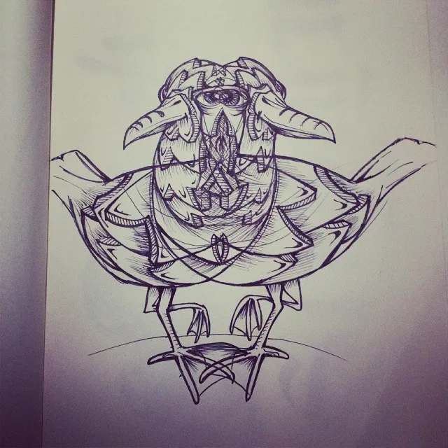 Ink sketch of a symmetrical, totemic bird creature with geometric patterns and bold line work