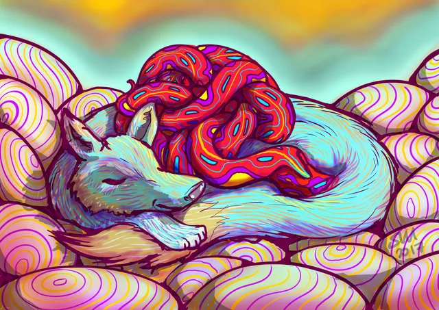 Lenovo sketch fox sleeping with red snakes