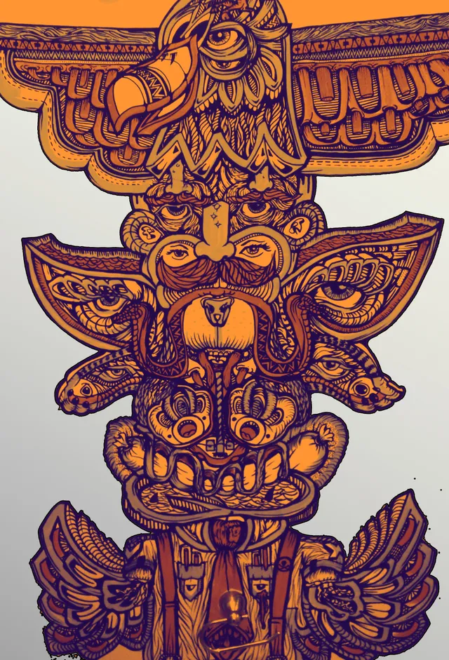 Orange and purple totemic illustration of a stacked bird head above symmetrical faces with multiple eyes and bold lines
