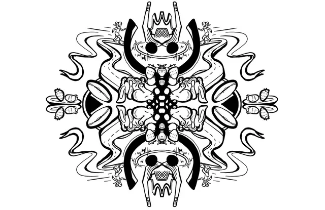 Black and white line drawing of a sports-themed mandala with runners, tracks, rugby balls, and hockey sticks